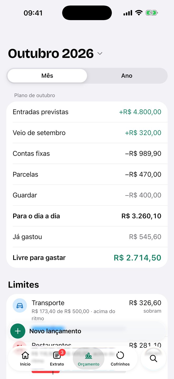 Orçamento de outubro com entradas, contas, parcelas e livre para gastar