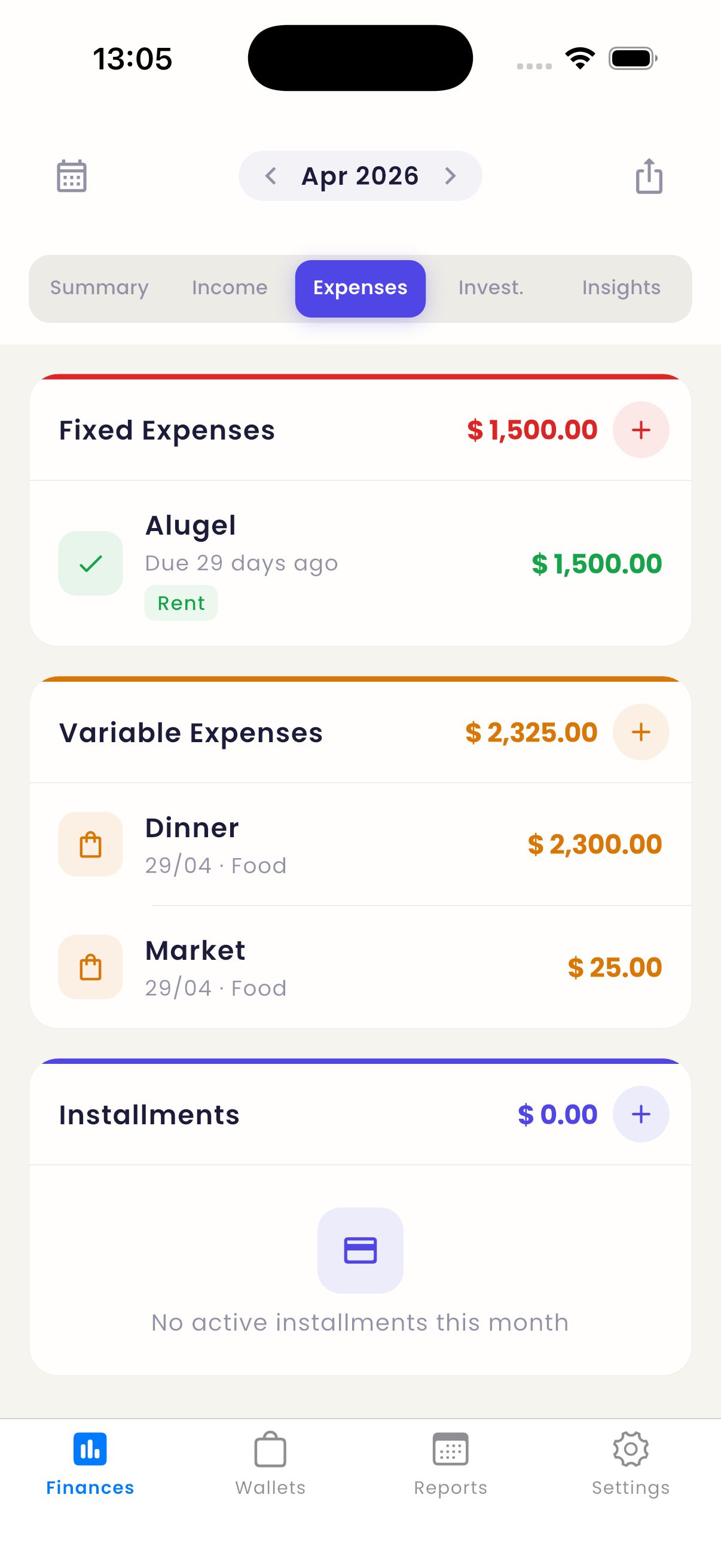 ChaChing expenses screen